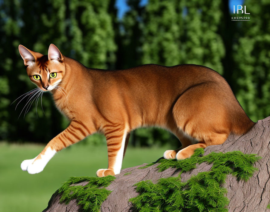 Abyssinian Cat with Amber Eyes and White Paws in Greenery