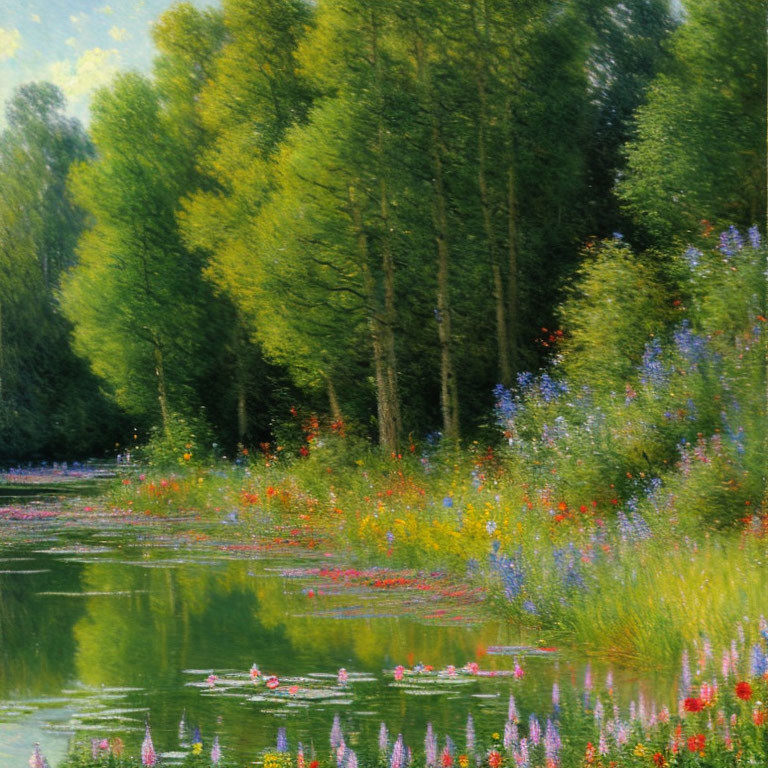 Serene Pond Painting with Lush Trees and Wildflowers