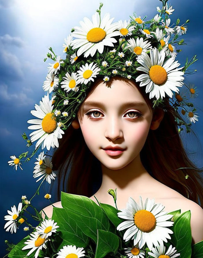 Digital Artwork: Woman with Daisy Crown on Blue Sky Background