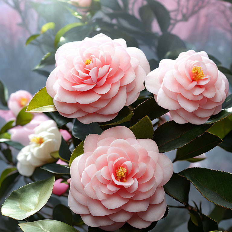 Blooming pink camellias with yellow stamens on green backdrop