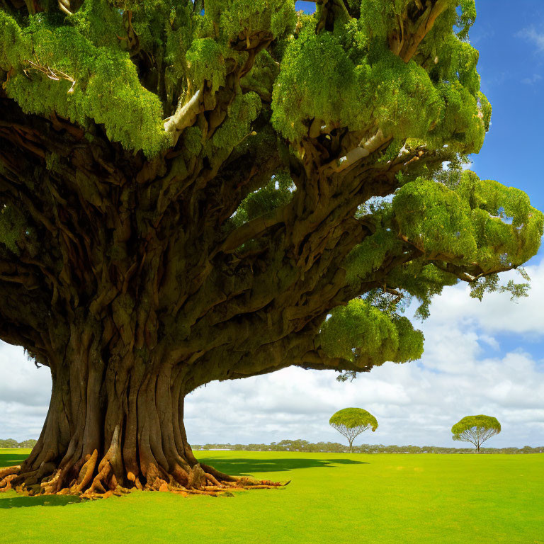 Ancient tree with broad trunk and lush green canopy in vibrant field under blue sky