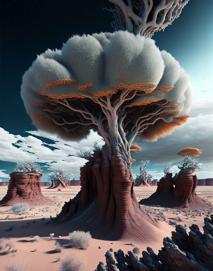 Towering surreal tree with fluffy canopy in desert landscape