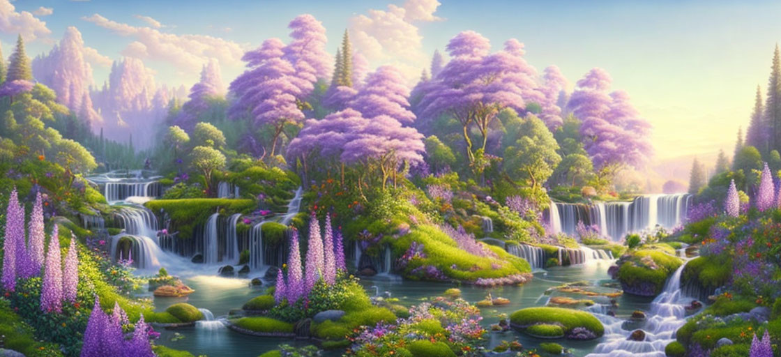 Tranquil fantasy landscape with purple trees, waterfalls, greenery, and ponds