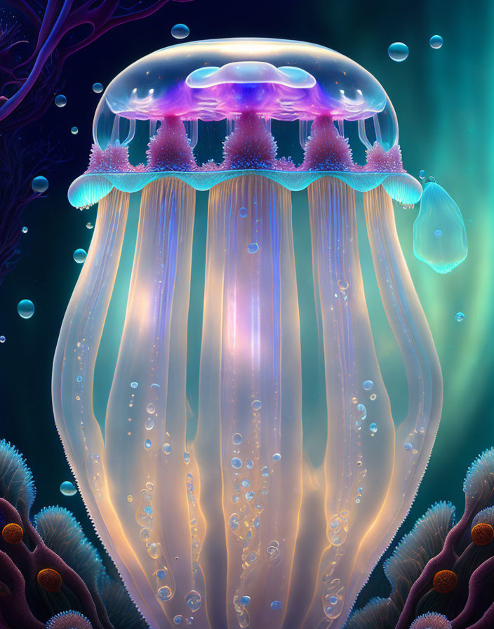 Luminous jellyfish with pink-tipped tentacles in deep blue ocean