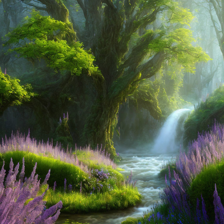 Lush forest scene with ancient tree, purple flowers, waterfall, golden light