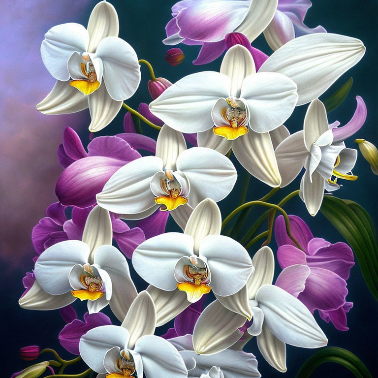 White and Purple Orchids with Yellow Centers on Soft Background