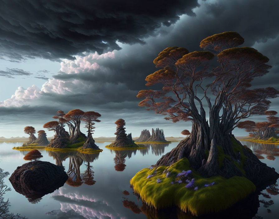 Majestic Trees on Floating Islands in Surreal Landscape