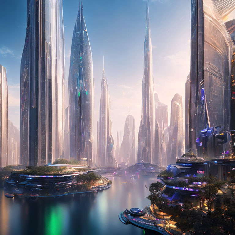 Futuristic cityscape with skyscrapers, glowing lights, and serene river at sunrise