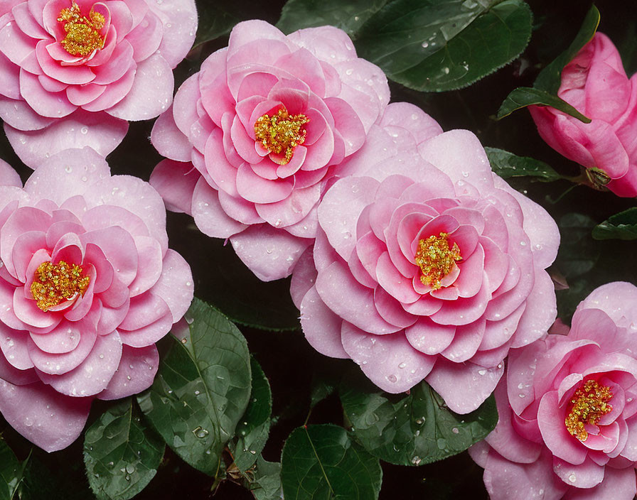 Pink Camellia Flowers with Dewdrops on Petals and Lush Green Leaves