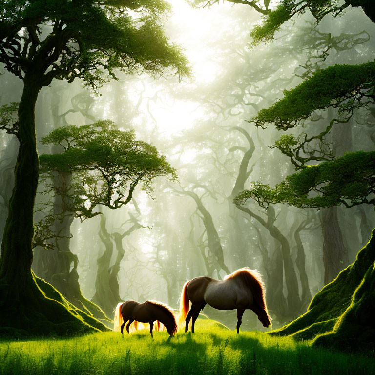 Sunlit forest scene with grazing horses and ancient trees