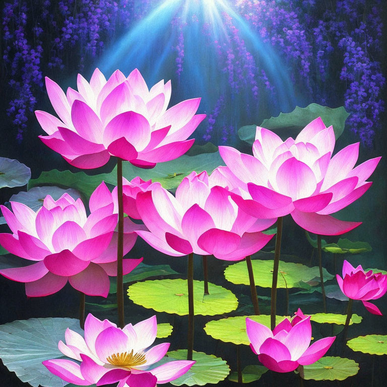 Pink Lotus Flowers with Green Leaves on Dark Background and Sunlight Filtering Through