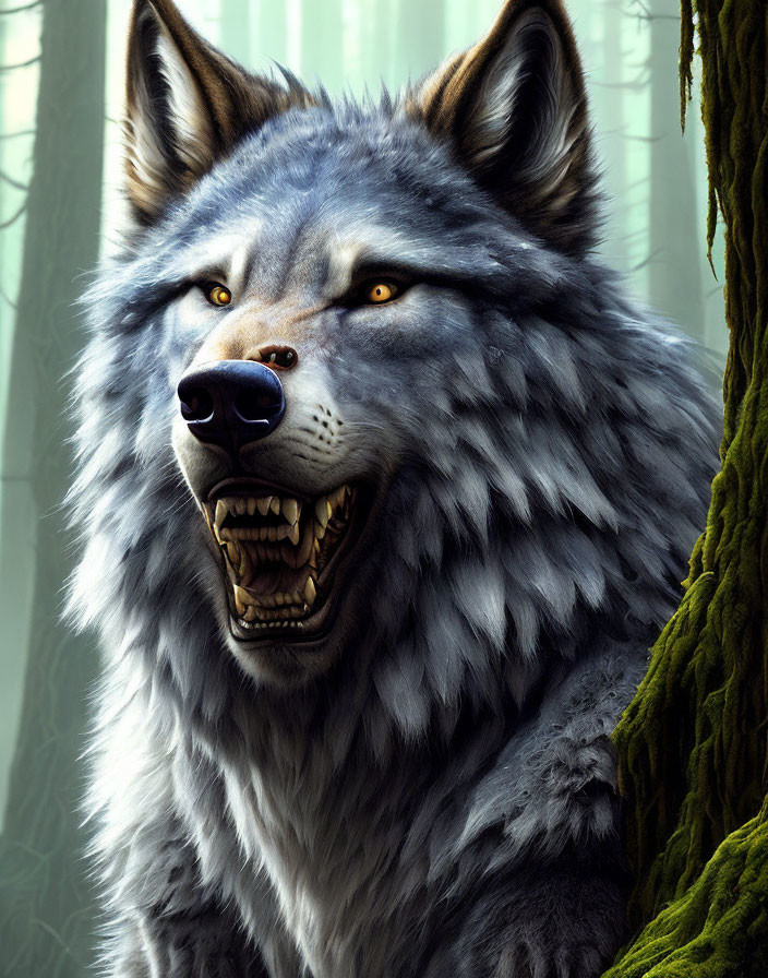 Detailed Illustration: Snarling Grey Wolf with Yellow Eyes in Misty Forest