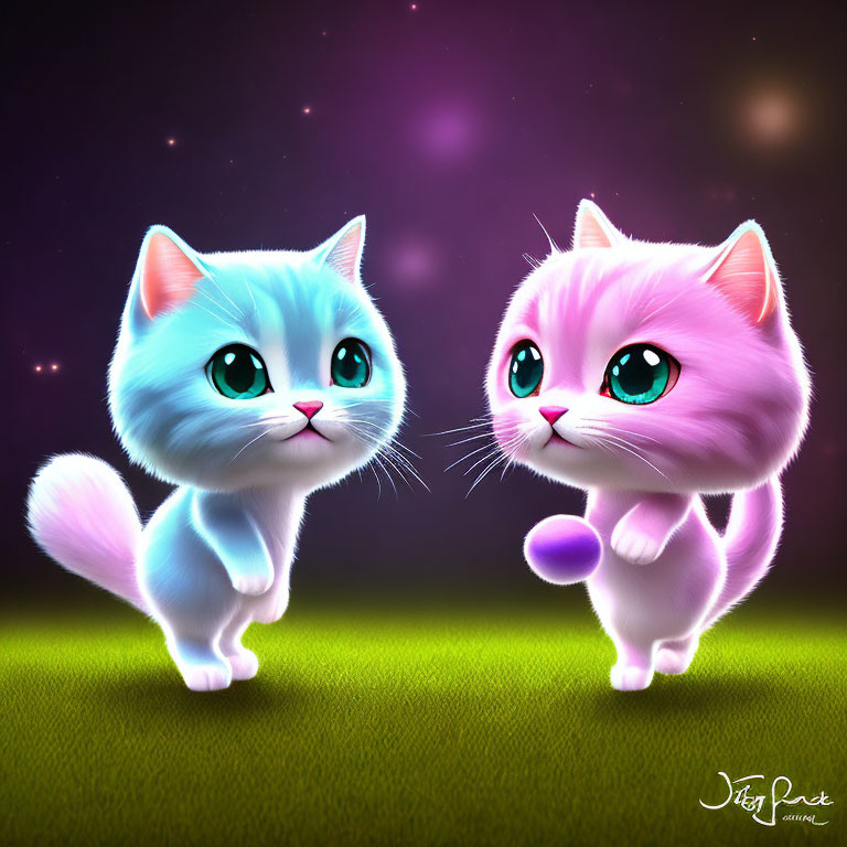 Two large-eyed animated kittens in whimsical night scene, one blue and one pink, with glowing aura