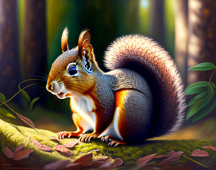 Detailed Illustration of a Sunlit Forest with Squirrel