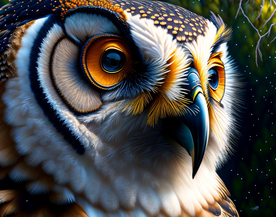 Detailed Owl Illustration with Orange Eyes and Feather Patterns