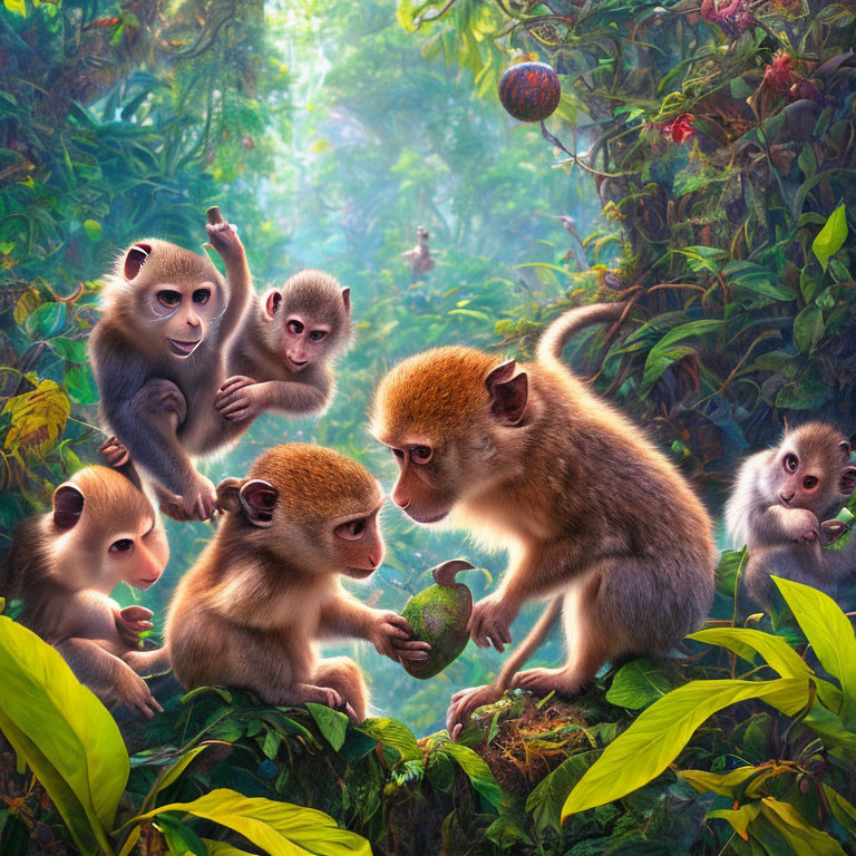 Vivid Monkeys in Colorful Jungle with Green Foliage