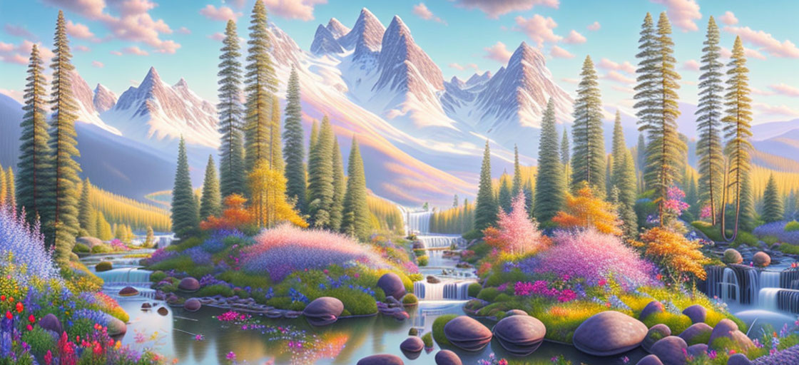 Colorful Fantasy Landscape with Waterfalls, River, Mountains, and Meadows