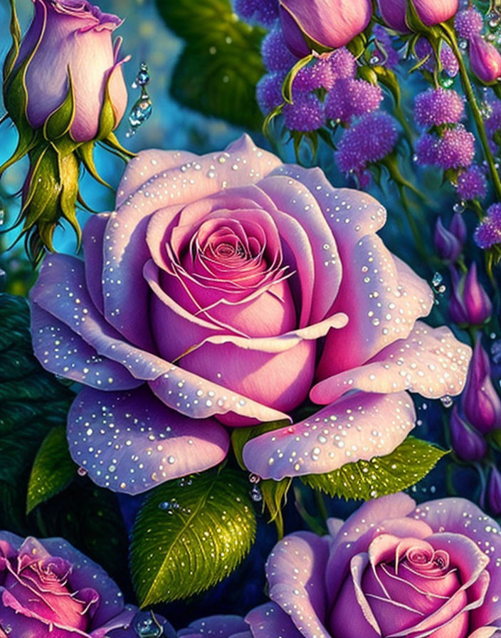 Vibrant dew-kissed pink rose with purple flowers and greenery