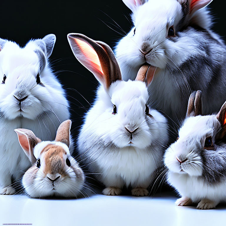 Six Colorful Rabbits Against Dark Background