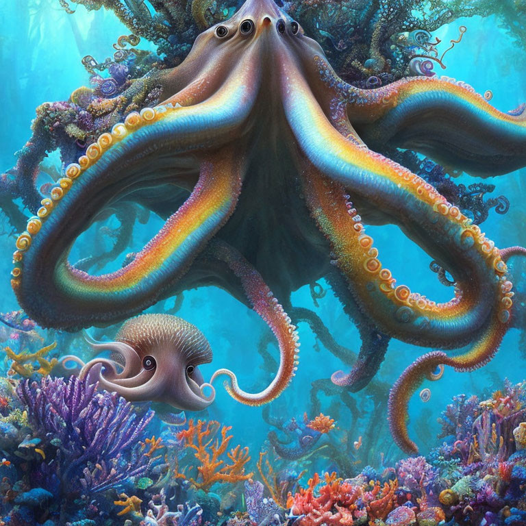 Colorful octopus illustration above vibrant coral reef