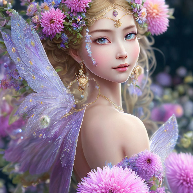 Digital illustration: Fairy with purple wings, flowers, and gold jewelry in pink blossom setting