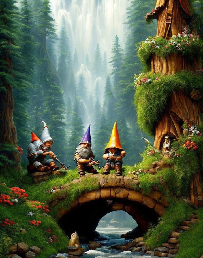 Gnome figures on stone bridge in lush forest with waterfall