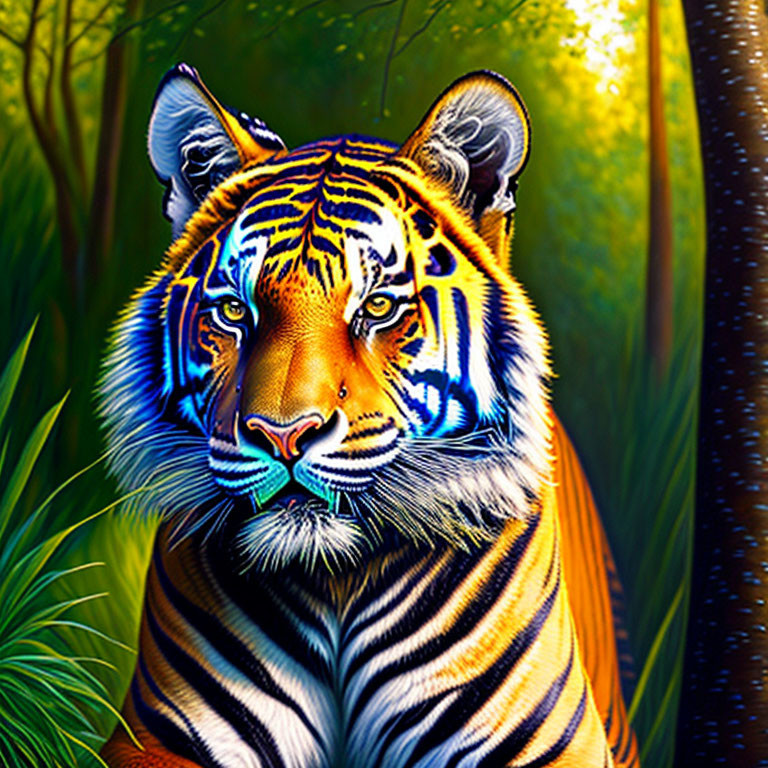 Colorful Tiger Illustration in Jungle Setting with Blue and Orange Hues