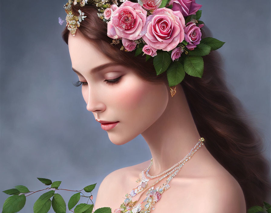 Woman with Floral Crown and Necklace in Pink Roses