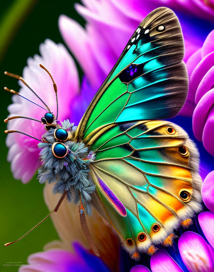 Colorful Butterfly Resting on Pink and Purple Flowers