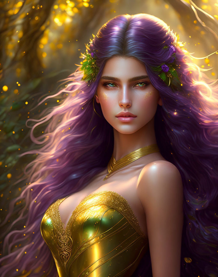 Fantasy illustration of woman with purple hair and golden attire