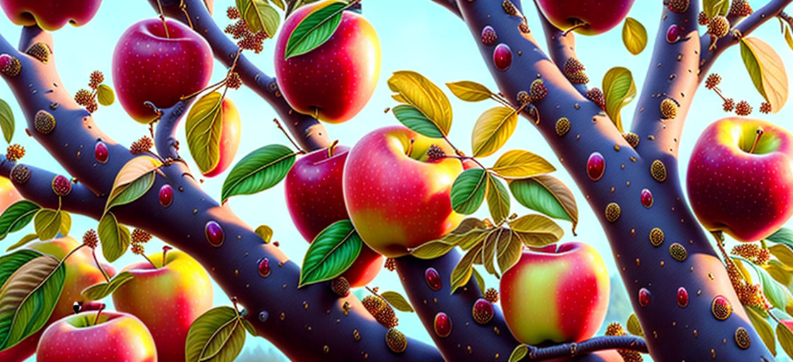 Colorful Apple Tree Illustration with Red Apples, Green Leaves, and Flowers