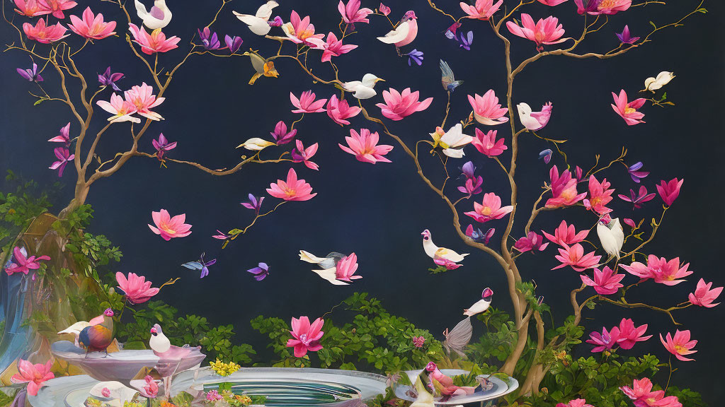 Colorful bird and floral painting with pink magnolias on dark background