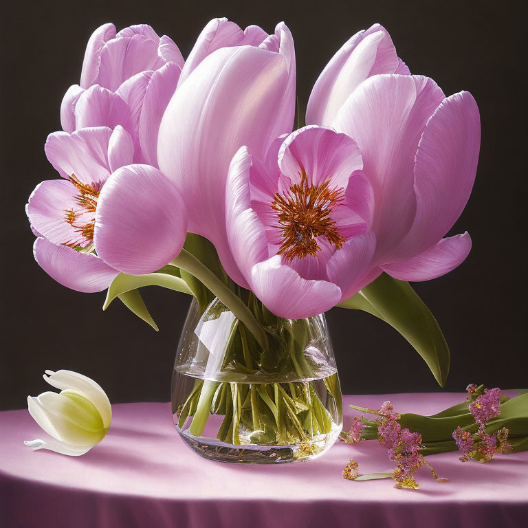 Pink tulips bouquet in clear glass vase on purple backdrop with fallen petal.