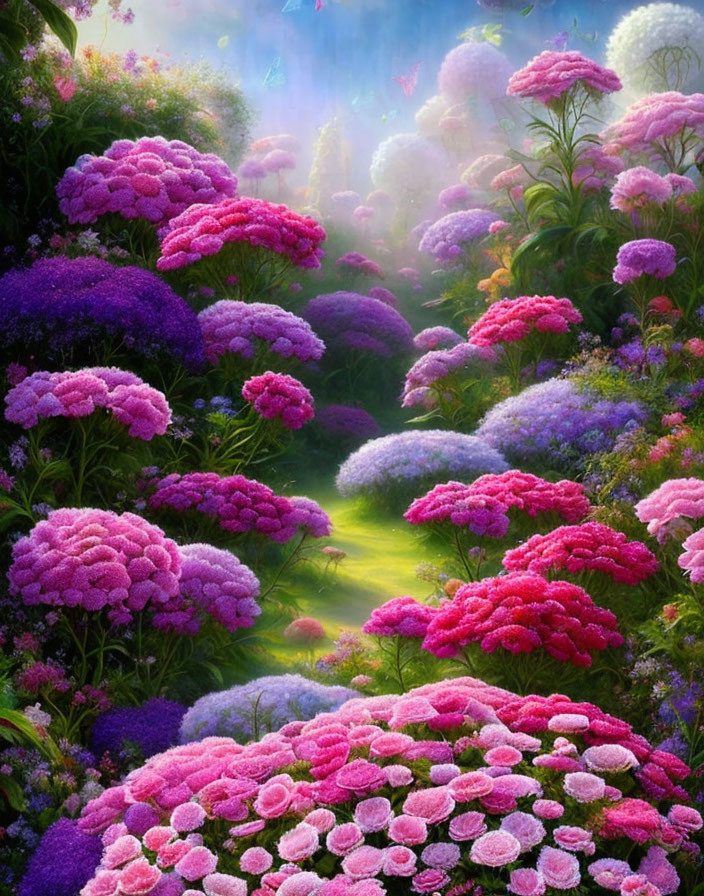 Lush Pink and Purple Flower Garden Path in Misty Light