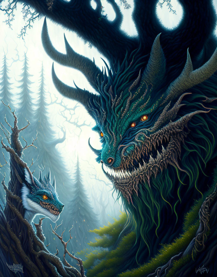 Mystical forest scene with green dragon-like creature and misty atmosphere