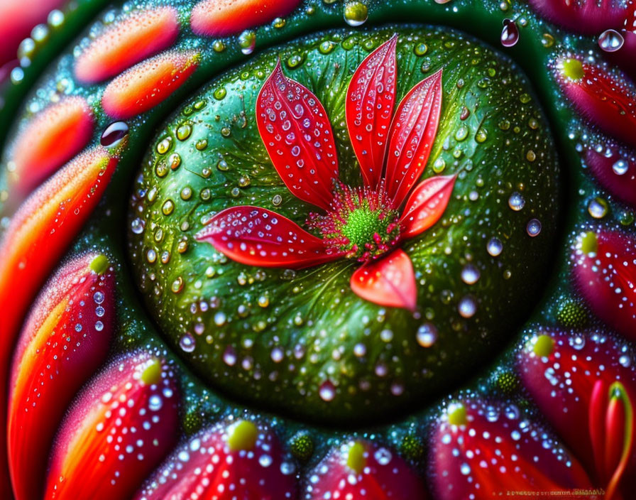 Vibrant digital artwork of red flower with water droplets on petals