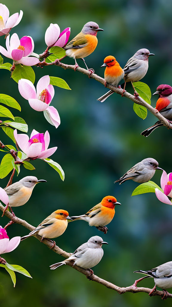 Colorful Birds Perched on Branches Among Pink Magnolia Blossoms