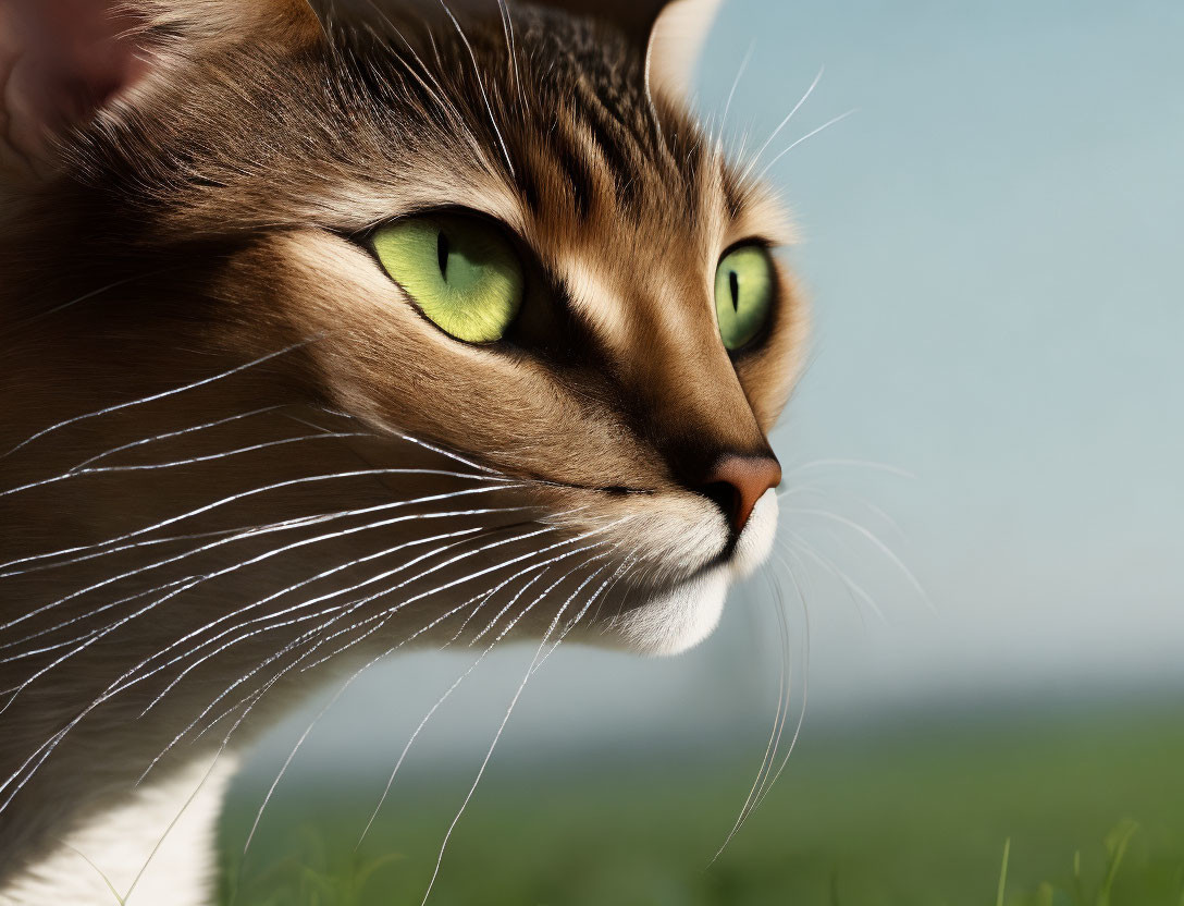 Domestic cat with green eyes and whiskers on green background.