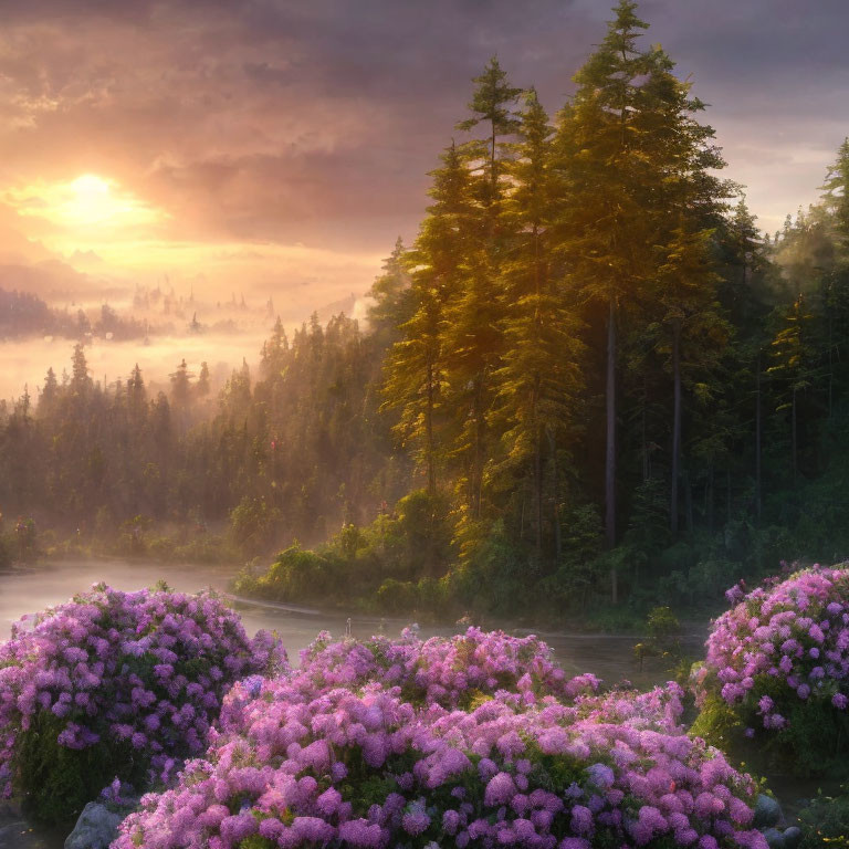 Tranquil sunrise landscape with pink flowers, foggy forest, and sunbeams