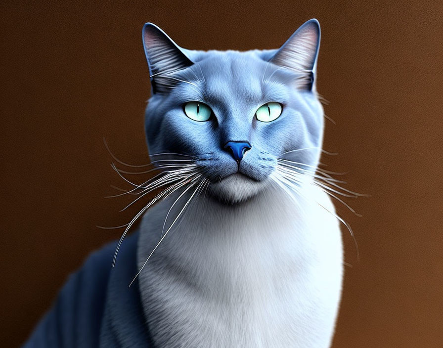 Blue Siamese Cat with Green Eyes and Whiskers on Brown Background