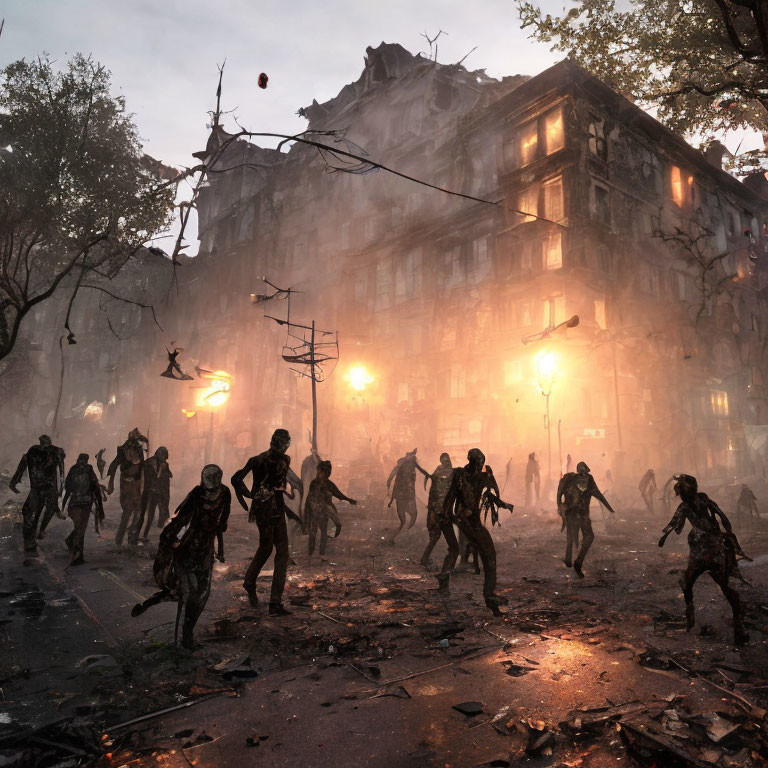 Post-apocalyptic urban scene with group of zombies amidst damaged buildings