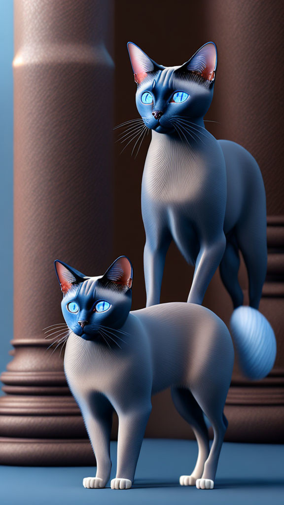 Stylized blue Siamese cats with piercing blue eyes on brown column background