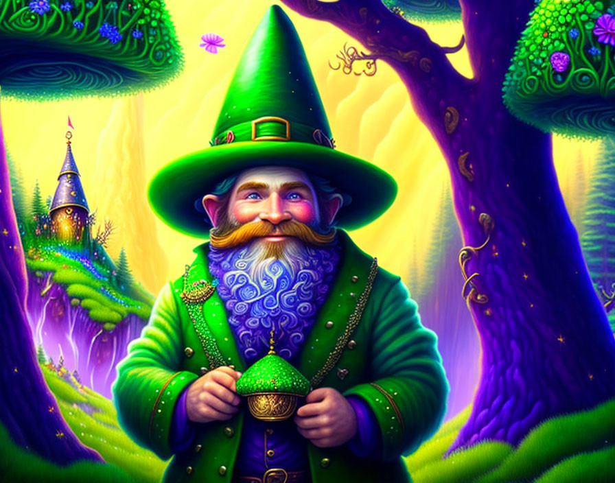 Colorful Wizard with Golden Cup in Enchanted Forest