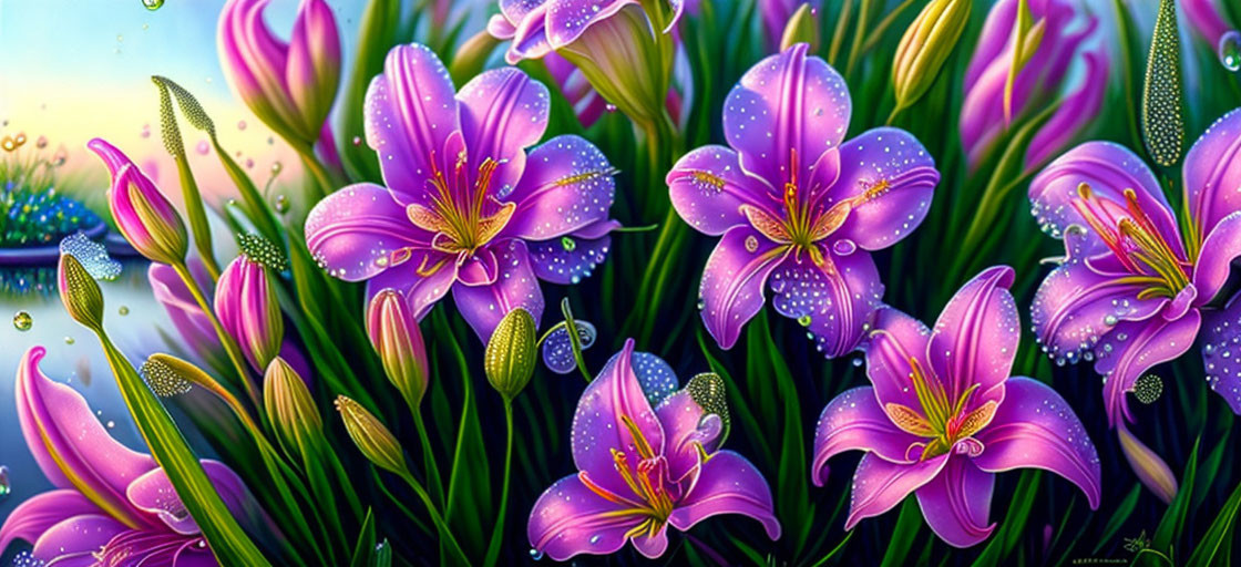 Vibrant Purple Lilies with Dewdrops in Lush Greenery