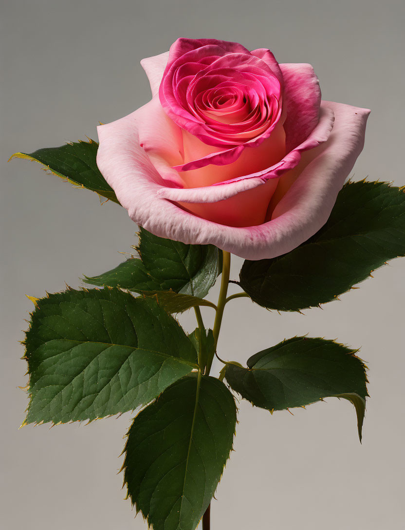 Pink Rose with Blooming Spiral Center on Stem and Leaves Against Neutral Background