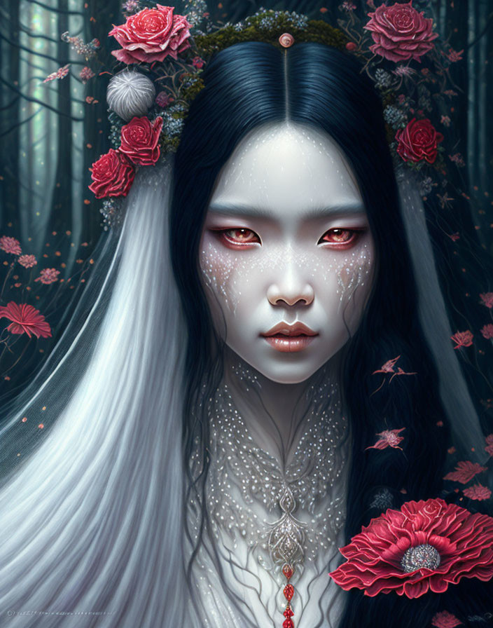 Fantasy Portrait: Long Silver Hair, Red Eyes, Red Flowers in Mystical Forest