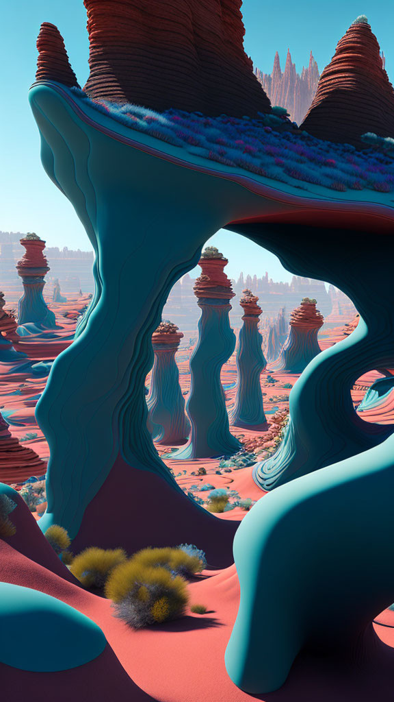 Twisted blue formations in surreal landscape with red rocky spires