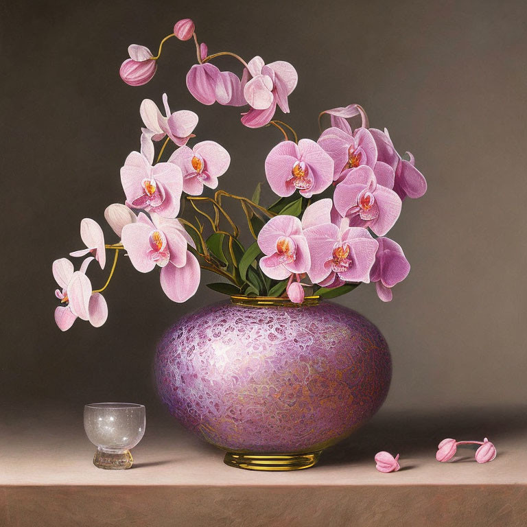 Vibrant pink orchids in textured purple vase with scattered petals