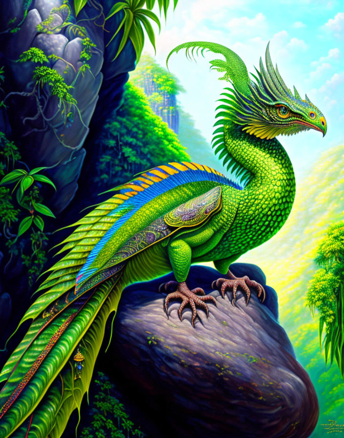 Colorful mythical dragon perched in lush forest scenery