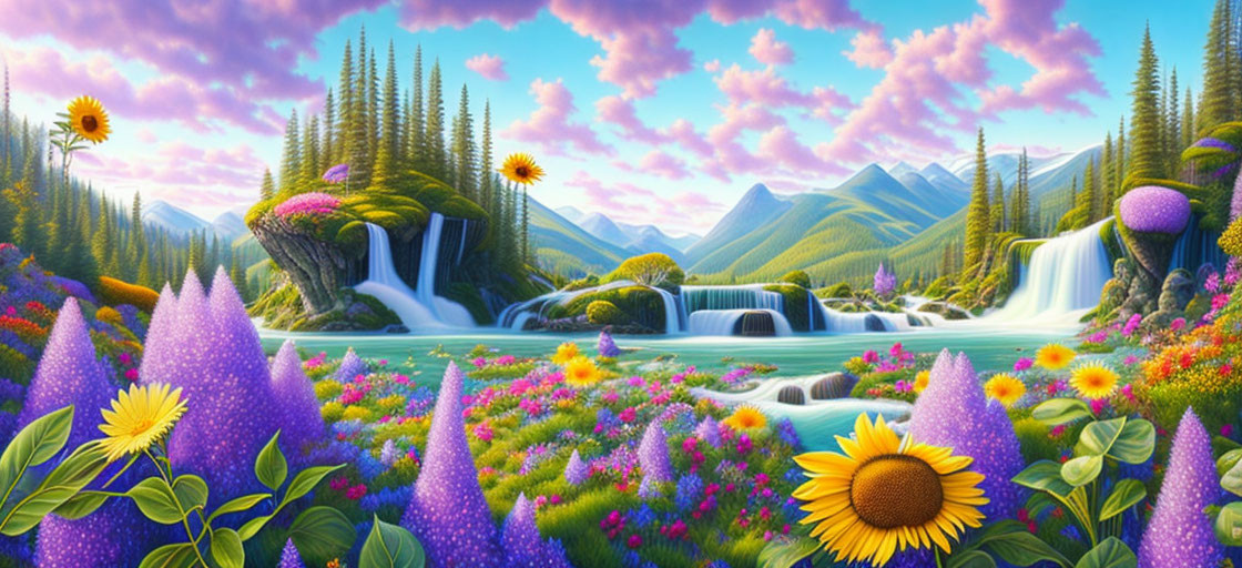 Colorful Waterfall Landscape with River and Flowering Fields